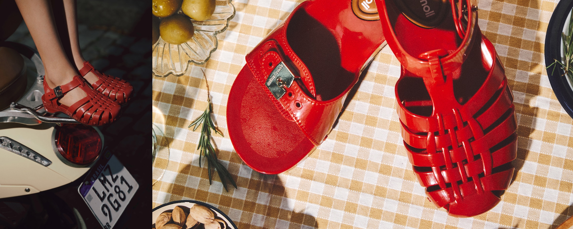 red melissa & dr. scholl's collaboration shoes; the Pescura original sandal and the possession fisherman sandal