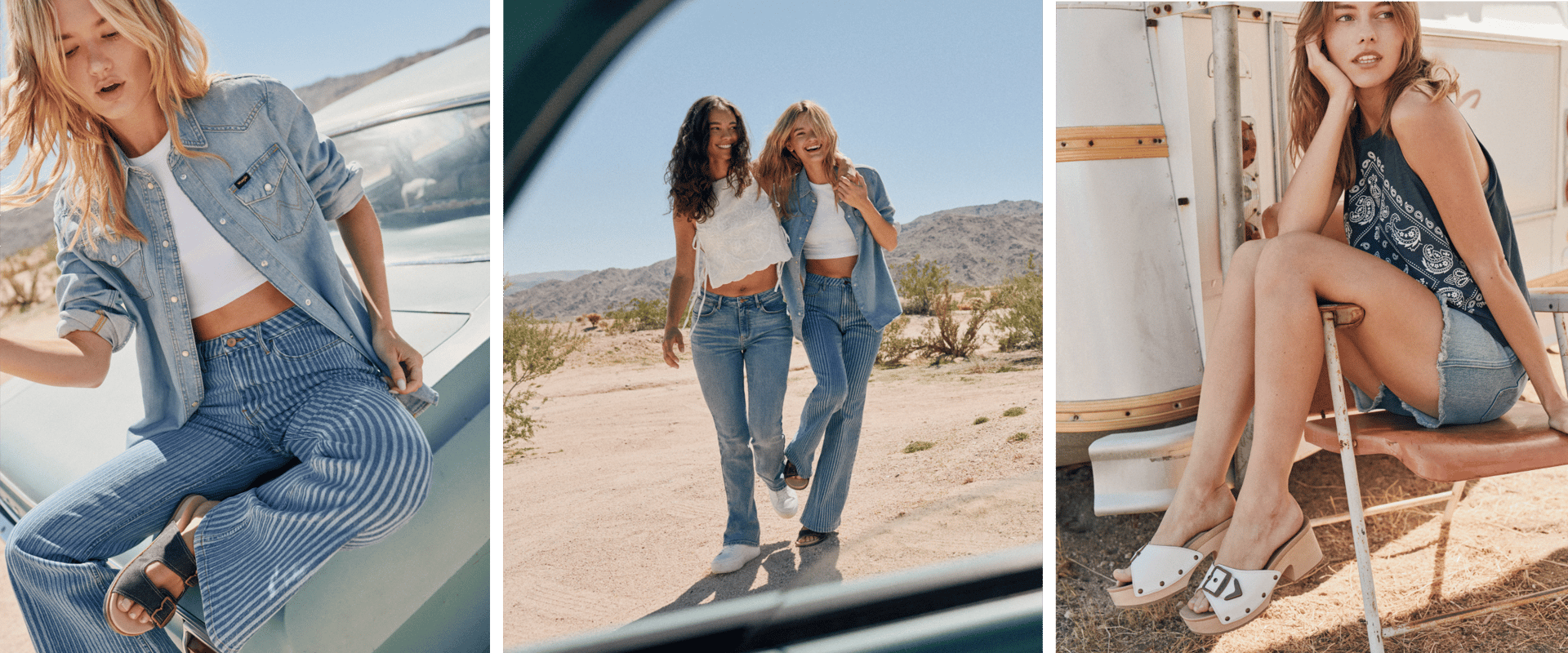 various shots of the dr. scholl's & wrangler collaboration shoes on models in the desert