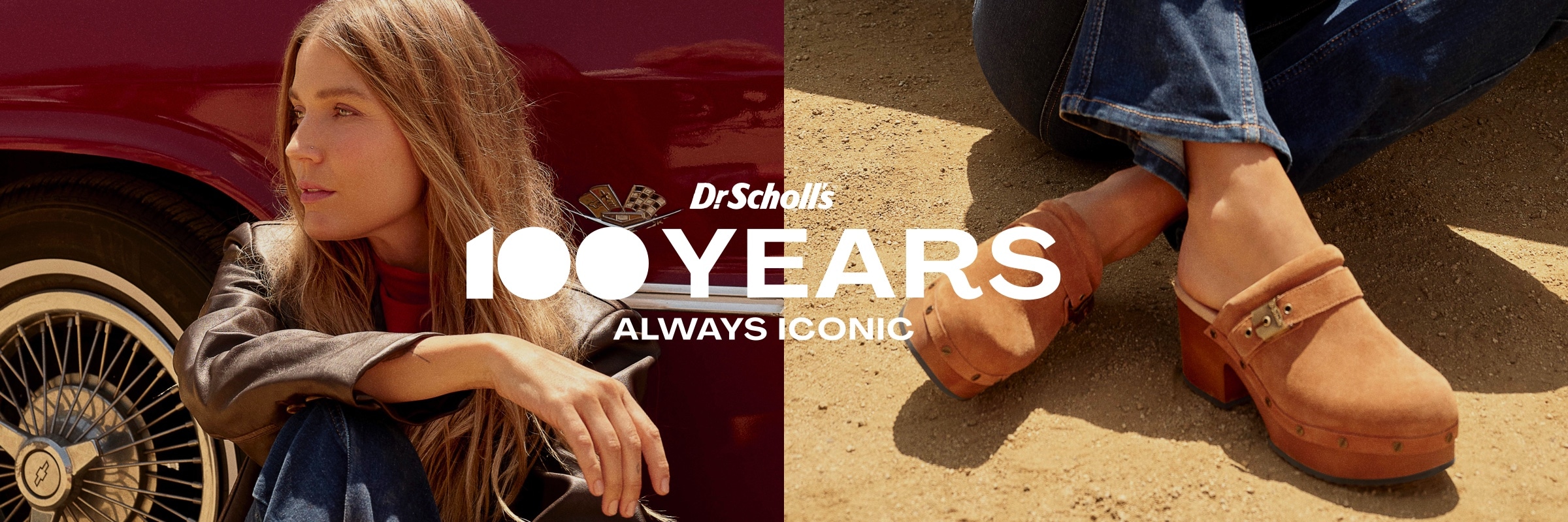 The left side of the image features a model wearing a fashionable outfit, and the right side of the image features the model wearing a pair of Dr. Scholl's shoes