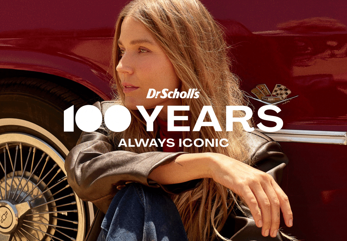 GIF features a model wearing a fashionable outfit and the model wearing a pair of Dr. Scholl's shoes
