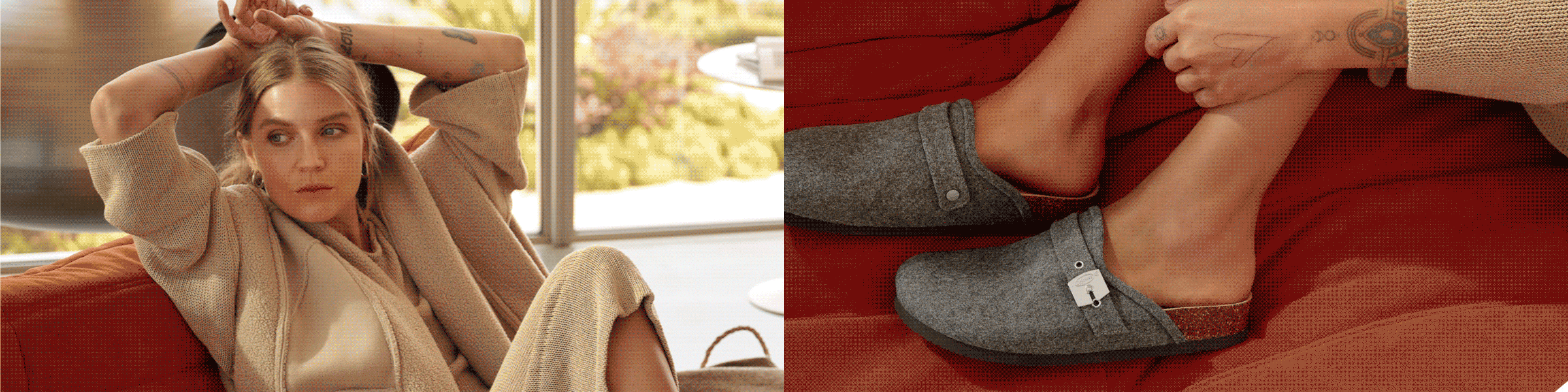 The left side of the image features a model wearing a fashionable outfit, and the right side of the image features the model wearing a pair of Dr. Scholl's shoes