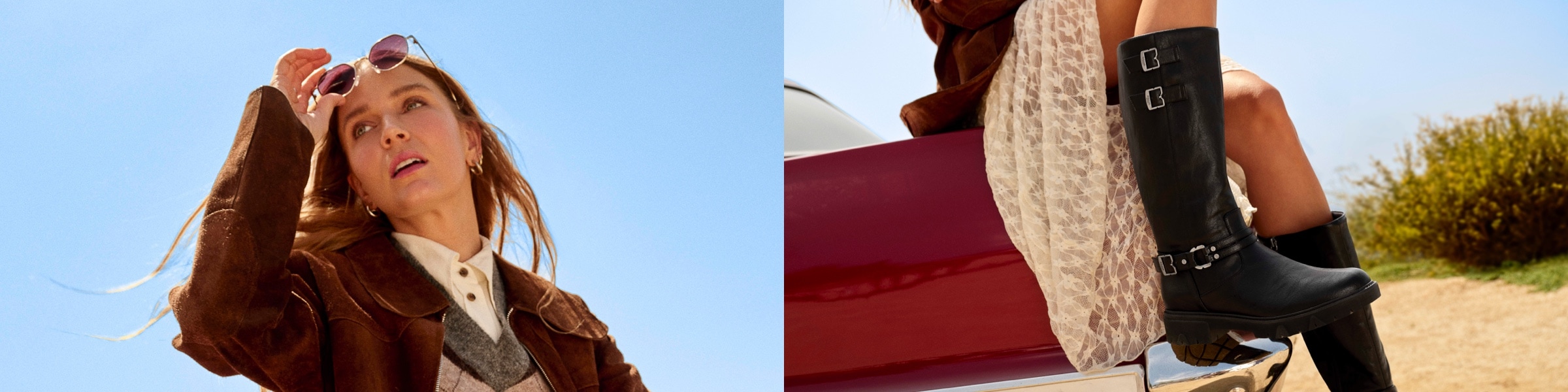 The left side of the image features a model wearing a fashionable outfit, and the right side of the image features the model wearing a pair of Dr. Scholl's boots