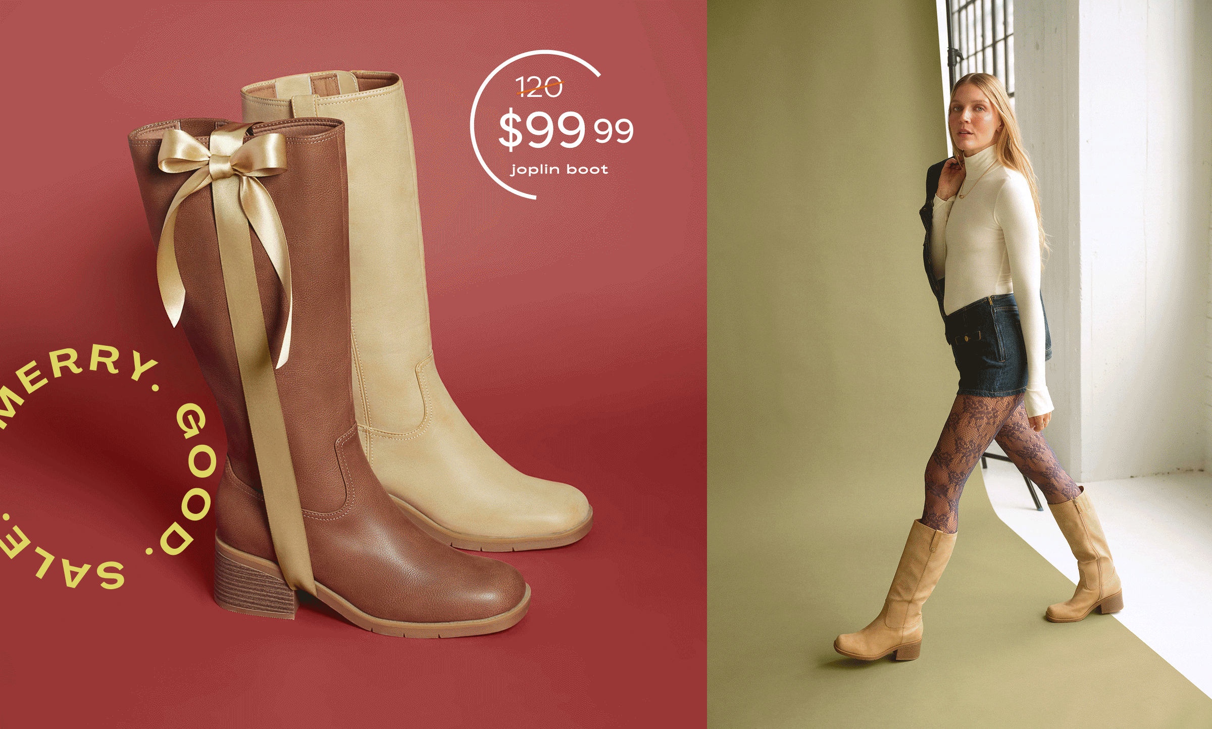 merry good sale featuring the joplin knee high boot for $99.99, $20 off