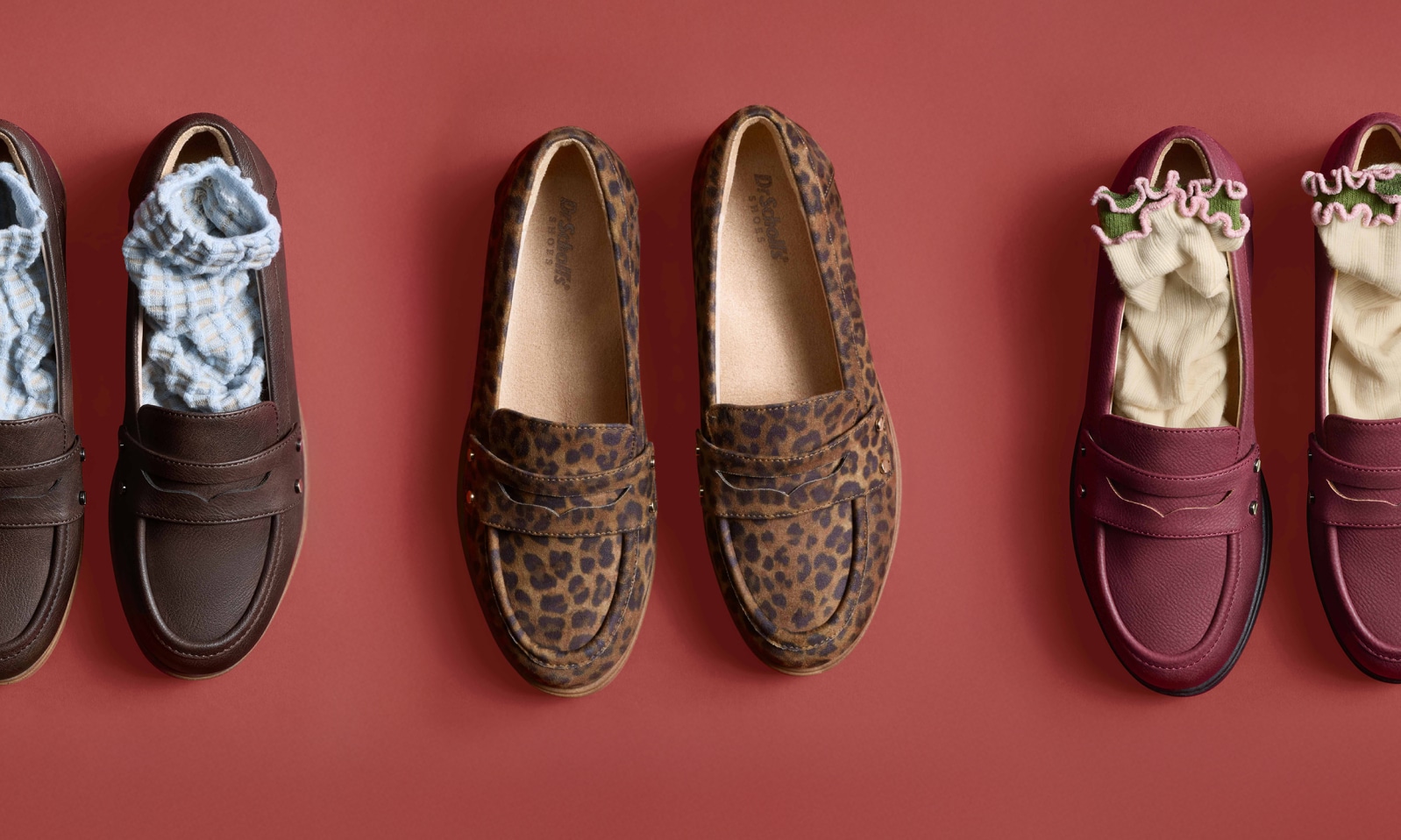 hello loafer in various colors like leopard, burgundy, and brown. pair them with socks