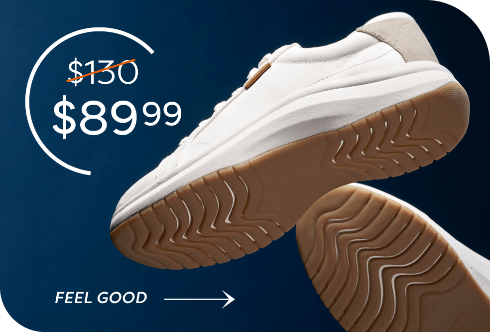 Normally $130, now $89.99 for a limited time. Shop Feel Good Plantar Fasciitis shoes.