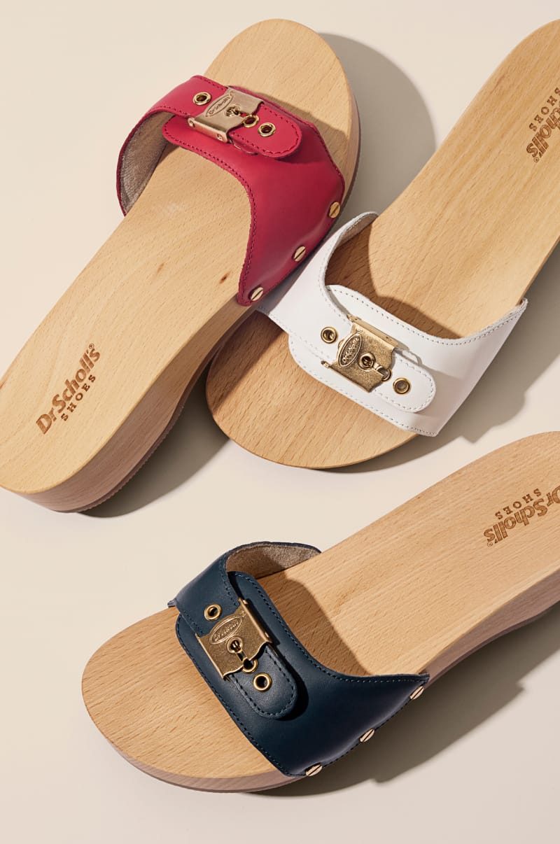 3 colors of the the original sandal - red, white, navy