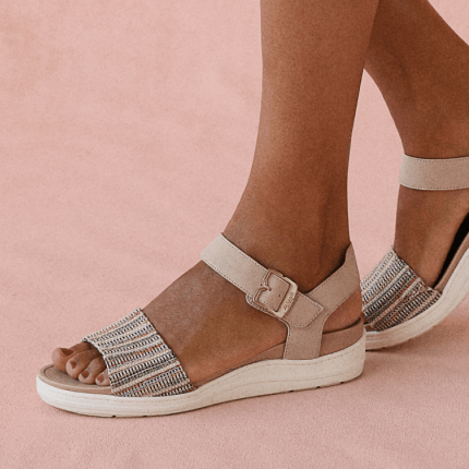 Person wearing Time Off Sky Sandals in cream multi fabric with a buckle ankle strap.