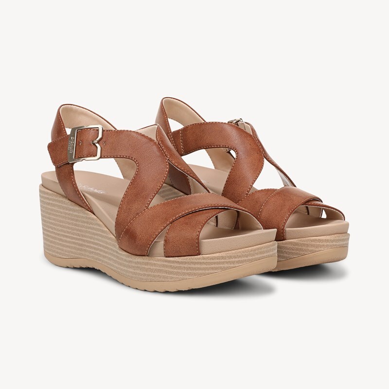 Dr. Scholl's Women's Cali Beach Wedge Sandal Honey Brown Faux Leather DRSCH 6.0 M