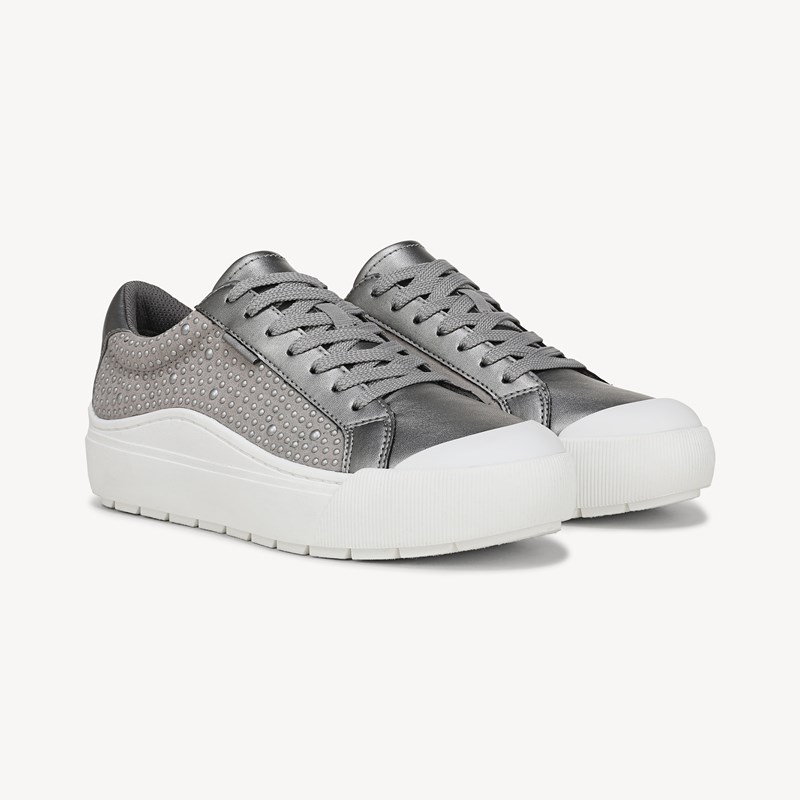 Dr. Scholl's Women's Time Off Sneaker Shoes Pewter Pearl Fabric DRSCH Pewter Silver Pearl Leather 7.0 M